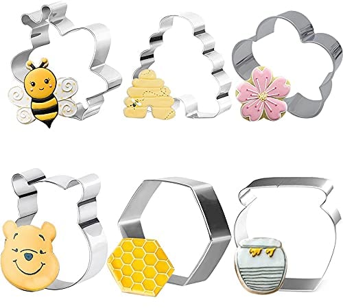 kukifun Set di 6 stampi per biscotti a forma di ape, in vetro di miele, Winnie the Pooh, fiore, stampini per biscotti per feste a tema api miele, vacanze, muffin, panini, decorazioni per fondant