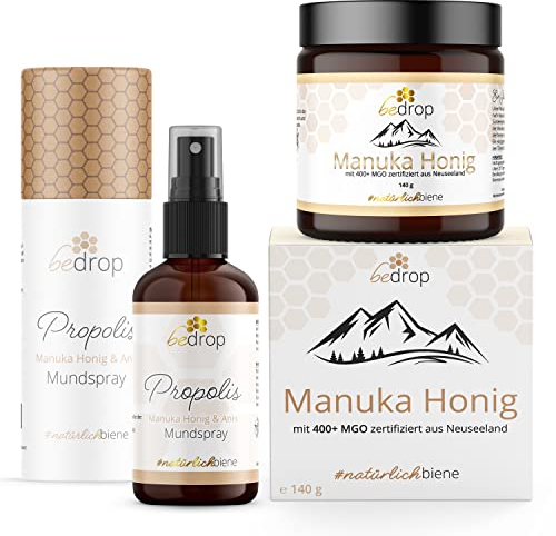 bedrop | Echtes Manuka Set, Manuka Honig MGO500+ & Manuka Propolis Anis Halsspray Spray Mundspray zum Sparpreis