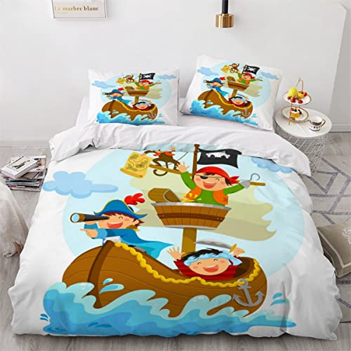 Bettwäsche 135x200cm GlüCklicher Cartoon-Pirat Bettbezug SetPiratenschiff Im Meer Bettwäsche Set 3D Mikrofaser Reißverschluss Bettbezug und Kissenbezug 80x80cm Flauschige Weich