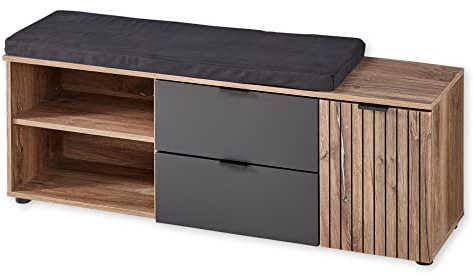 Stella Trading Linea Schuhbank mit Sitzfläche in Flagstaff Oak Optik, Anthrazit - Moderne Sitzbank mit Stauraum für Flur und Garderobe - 134 x 51 x 38 cm (B/H/T)