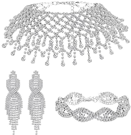 Kakonia Strass Hochzeit Schmuck Set für Damen Silber Kristall Halskette,Armband,Quaste Ohrringe Strass Schmuckset Party