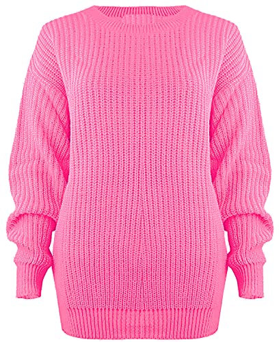 JM CLOTHING Maglione oversize da donna | Maglione oversize all'uncinetto | Maglione invecchiato | Pullover lavorato a maglia Pointelle Jumper da donna | Wiggly Fashion, Rosa fluo, 40-42