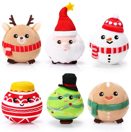Suilung 6 Adornos de Peluche Navidad Decoraciones Rellenas de Bola de Papá Noel Muñeco de Nieve Hombre de Pan de Jengibre Alce Árbol de Navidad para Invierno Adornos Navideños Colgantes, 8 cm
