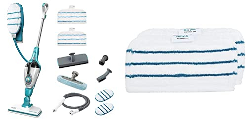 BLACK+DECKER Balai Vapeur avec Nettoyeur à Main et Gant STEAMITT - 9 Accessoires - Multifonctions 1300W + BLACK+DECKER - Lot de 2 Patins Multi Surfaces pour Balais à Vapeur - Tampons de Nettoyage