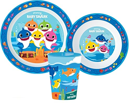 Microwave Safe 3pcs Cartoon Character Dinner Tableware Set Plate, Bowl & Cup, BPA Free re-usable Plastic (Baby Shark)