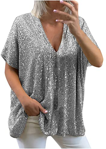 Trendige Pailletten Oberteile für Damen Oversize Lockerer Pullover Sexy V-Ausschnitt T-Shirt Einfarbiges Pulli-Shirt mit kurzen Ärmeln Lose Tunika Bluse Longshirt Lang Pullover Übergröße Longtops