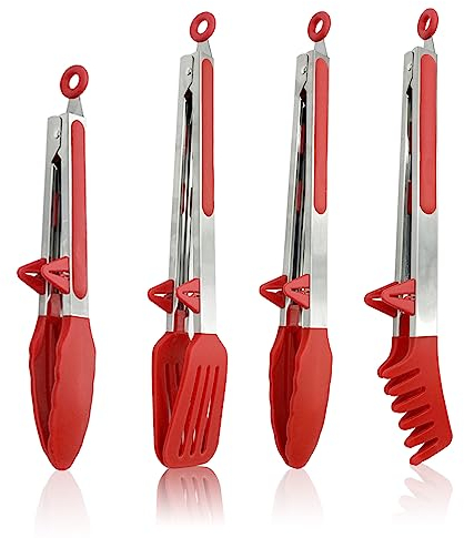 JNBGTU 4Pack Stainless Steel Kitchen Tongs Set, BPA-Free Silicone Tips, Locking Clip, Heat Resistant, Dishwasher Safe, Perfect for BBQ, Salad, Pasta