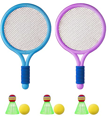 Fyihoxi 8 Stück Federball Set Kinder, 2pcs Kinder Tennisschläger+3pcs Badminton+3pcs Schwammball, Beachball Set Kinder, Soft Tennis Kinder für Kinder Indoor/Outdoor-Sportspiel