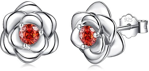 Sterling Silver Stud Earrings for Women Teens Girls, Hypoallergenic Silver Earrings with Red Cubic Zirconia Rose Flower Wedding Cartilage Earrings for Her Mum Wife Birthday Valentine's Day Christmas