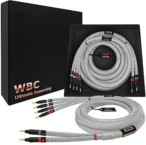 WORLDS BEST CABLES 2 Meter ULTIMATE - 9 AWG - Ultra-Pure OFC - Premium Audiophile HiFi Bi-Wire Speaker Cable Pair with Eminence Gold Banana Plugs & Silver Tweed Jacket