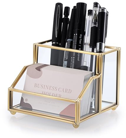 OLegei Porte-cartes de visite en verre présentoir à carte de visite support de carte de nom avec porte-stylos pour bureau, hôtel, maison (doré)