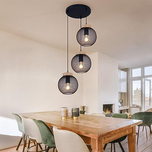 GLOBO Hängeleuchte Pendelleuchte Deckenlampe hängend Vintage schwarz Metall Industrial, 3 flammig, Holz braun, 3x E27 Fassungen, DxH 44x120cm