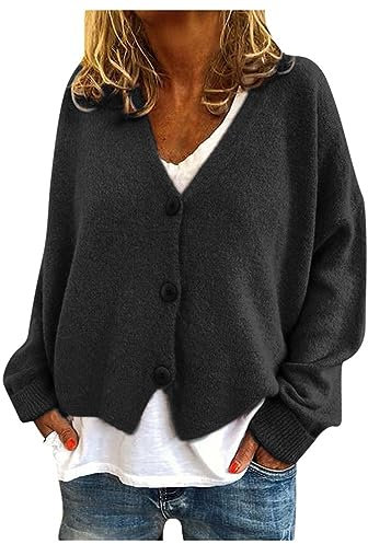 AMhomely Jacket Women UK Plus Size Knitted Cardigan Solid Button Down Sweater French Cashmere Cardigan Winter Open Front Casual Coats Solid Long Sleeve Knitted Jacket Loose Fit Top Knitwear Black 3XL