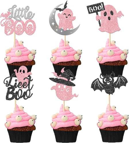 24 Stück Halloween Cupcake Toppers Bat Little Boo Ghost Tortendeko für Happy Halloween Thema Party Baby Dusche Geburtstag Party Kuchen Dekorationen Rosa Schwarz