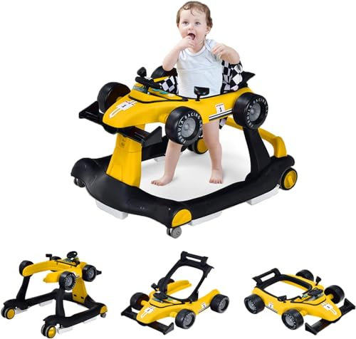 GOPLUS Trotteur Bébé Garçon Fille, Trotteur Bebe Évolutif 4 en 1 avec 3 Hauteur Réglable, Trotteur Bebe Marche Pliable avec Musique et Lumière, Charge 12KG, pour 6-18 Mois (Jaune)