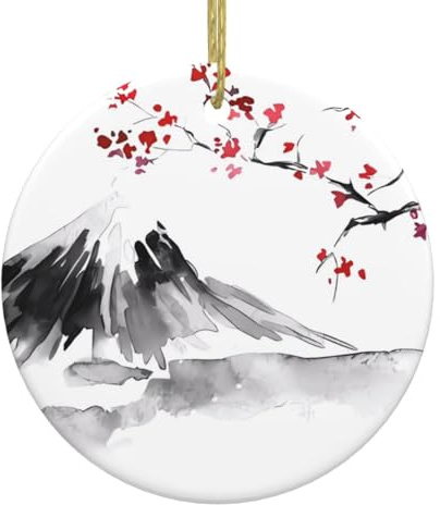 Japanischer Mount Red Sun Print Personalisierte Weihnachtskugel, Keramik Runde Weihnachten Hängende Ornament, Weihnachtsbaumschmuck Für Freund Freundin Frau Xmas Geschenke