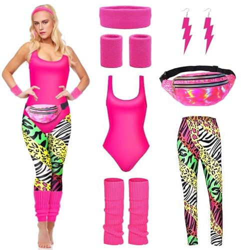 80er Jahre Outfit Damen Mit Bauchtasche, Stirnband, Beinwärmer - Kostüm für Karneval, Halloween, Mottoparty, Fasching - 90er Jahre Accessoires