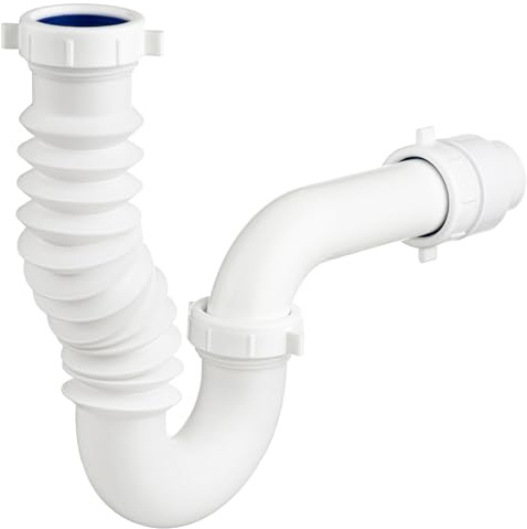 (1 Pack) Yariwiz White P Trap 1 1/2 Inch for Bathroom Kitchen Sink Drain Pipe Tubular Kit with Adjustable J-bend, White Threaded Adapter and Blue TPE Washer KSD-004W