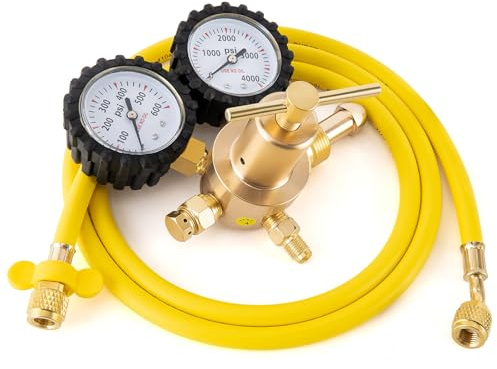 Nitrogen Regulator CGA580 Inlet, 1/4-Inch Male Flare Outlet Connection, Heavy-Duty Handle, Self-reseating Relief Valve, Nitrogen Regulator HVAC (CGA580（0-600PSI with Hose）)