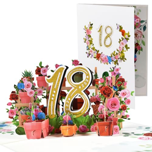 CNLITIHEKA 18. Blume Geburtstag Karten, Pop Up Karten zum 18. Geburtstag, 18. Popup-Jubiläumskarte, Geschenkkarte zum Geburtstag mit Notiz und Umschlag.