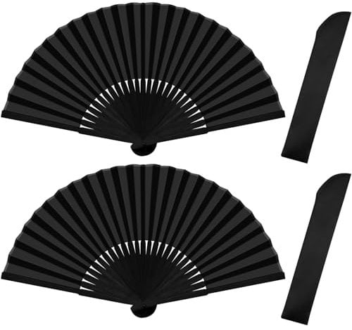 Quelcc Hand Fan Folding, 2 Pcs Handheld Folding Fan, Fabric Hand Fan, Paper Fan, Rave Fan,Black Hand Fans for Women Folding, Chinese Handheld Fans for Wedding Party Decoration Birthday Gifts