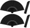 Quelcc Hand Fan Folding, 2 Pcs Handheld Folding Fan, Fabric Hand Fan, Paper Fan, Rave Fan,Black Hand Fans for Women Folding, Chinese Handheld Fans for Wedding Party Decoration Birthday Gifts