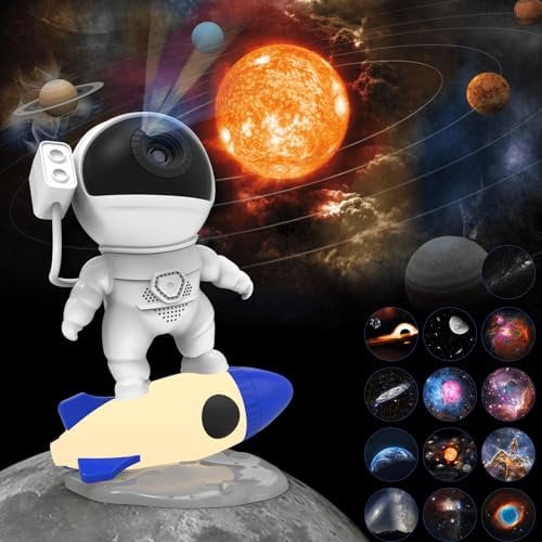 Astronauta Proiettore Stelle Soffitto, Proiettore Planetario con 13 Dischi Film HD, Luna, Nebulosa, Terra, Proiettore Soffitto Regolabile a 360° con Timer, Proiettore Galassia Soffitto per Bambini