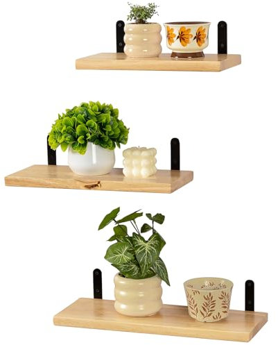 Gieanoo Wandregal Holz, 3 Stück Eiche Schweberegale Massivholz Bücherregale Wand Hängeregal mit sitzenden schwarzen L-Klammern,Holzregale ideal für Schlafzimmer, Badezimmer