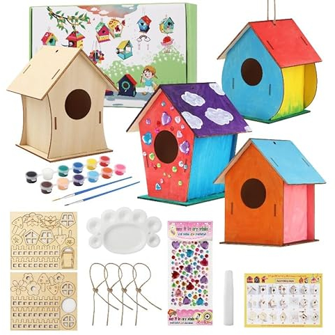 LCXCXY 4er Set für-DIY Vogelhaus bausatz kinder, Super große Basteln Holz Vogelhaus zu Bauen und Malen,Spielzeug Geschenke für Jungen Mädchen, vogelhaus bastelset.
