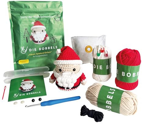 Die Bobbels Häkelset für Fortgeschrittene mit kinderleichtem Garn, Hilfsmitteln und Schritt-für-Schritt Videoanleitung - Weihnachten, Weihnachtsgeschenke (Weihnachtsmann)
