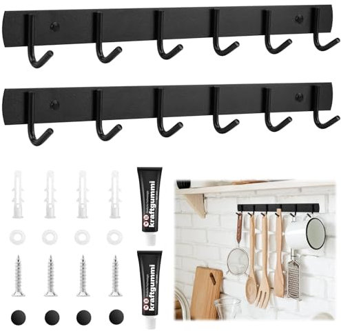 UNINGYI 2 Stück Hakenleiste Küche, Garderobenhaken mit 6 Haken, Kleiderhaken Edelstahl, Hakenleiste Küche 32cm Garderobenleiste, Kleiderhaken Wand für Badezimmer, Wohnzimmer und Flur (schwarz)