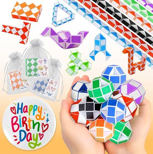Pack 30 Cubo Mágico de Serpiente, Magic Snake Cube, 30 Bolsas, 1 Chapa Cumpleaño, 30 Guias de Figuras. Regalos Cumpleaños Niños Colegio, Detalles Cumpleaños Niños, Regalitos Cumpleaños Invitados Niños