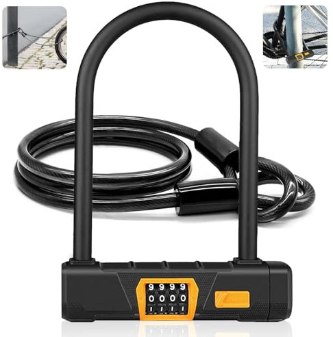 Caossuixin Bike Lock - Heavy Duty Bicycle U Lock, Combo Bike d Lock 4-Digit Resettable Combination with 4 Ft Security Steel Cable Mounting Bracket, High Security Bike Lock for Road Bike