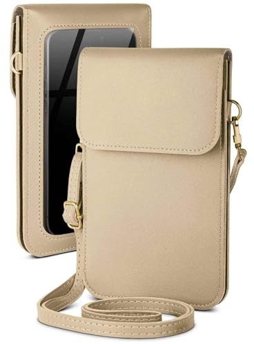 moex Handytasche zum Umhängen für Xiaomi 14T Pro kleine Handtasche mit Handyfach und Sichtfenster, 2 extra Fächer Mini PU Leder Handy Umhängetasche Damen CitySling, Beige