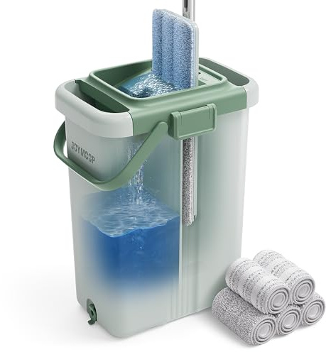 JOYMOOP Wischmopp und Eimer mit Auswringer-Set, Flacher Quetschmopp mit Eimer (X-Large), Staubwischer für Wandreiniger mit langem Griff, Mikrofaser-Wischmopp – grüner Eimer mit 5 wiederverwendbaren