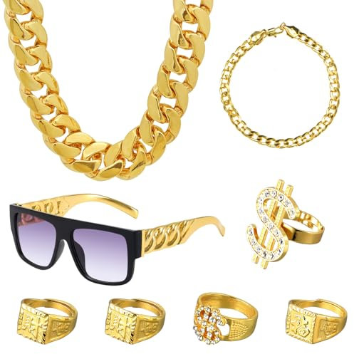 8 Stück Zuhälter Kostüm Zuhälter Outfit Rapper Schmuck Goldene Dollar Kette Set Hiphop Rapper Accessoires für Männer Frauen Fasching Karneval Party