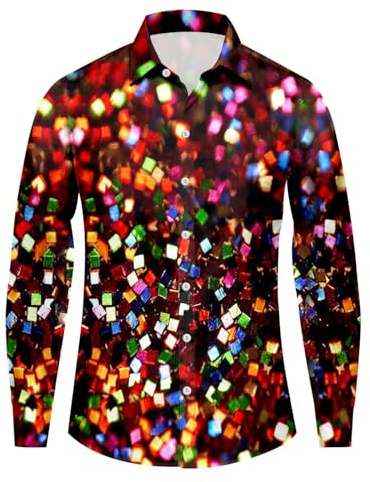 80er Jahre Outfit Herren Hemd Langarm, Faschingskostüme Männer 70er Hemd, Hawaiihemd Männer 60er Hip Hop Disco Outfit Mit Bunte Muster Und Knopfleiste Vintage Lustig 90er Jahre Sommer Hemd Für Party