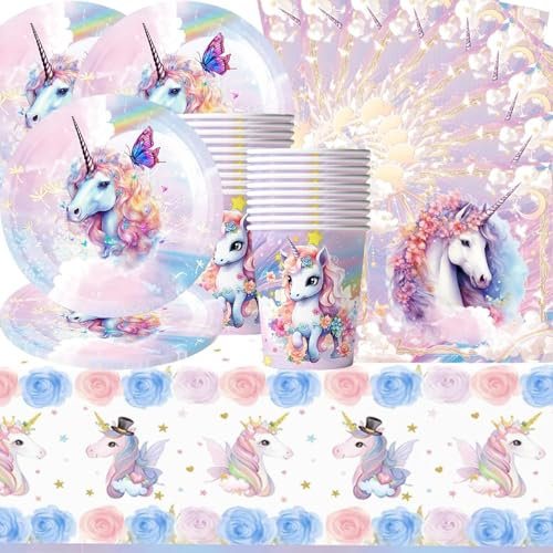 Lot de 61 décorations de fête d'anniversaire motif cheval arc-en-ciel - Assiettes, gobelets et serviettes en carton - Motif licorne - Rose - Pour fête d'anniversaire d'enfants (20 portions)
