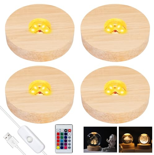 LEKEFETO 4 Stück LED Holzsockel: Runde Holz LED Lichtsockel, 7 Farben Einstellbar, 4 Fernbedienungen, Beleuchtete Display Basis für Kristallkugeln, Schmuck, Harz