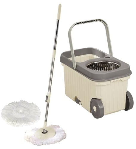 Eason Bros - Spin Mop and Bucket Set with 2 Microfibre Mop Pad Head, Spin 360 Steel Wringer, Telescopic Easy Press Handle, Liquid Dispenser & Big Wheels Spin Mop Set for Floor Cleaning (Swiss Coffee)