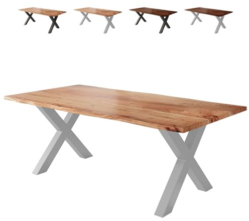 Loreno Esstisch 200×100×77cm Vento Akazie Natur – X-Gestell Silber | Massiver Akazienholztisch naturfarben mit 26mm starker Tischplatte – Perfekt für Esszimmer und Küche