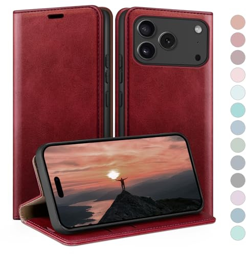 HUOUH for iPhone 17 Pro 6.3 Wallet case with RFID Blocking PU Leather,Flip Folio Book covers,Credit Card Holder Shockproof Phone case Women Men for Apple 17 Pro case Red