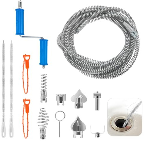 Strixorn Professionelle 5m Rohrreinigungsspirale aus Galvanisiertem Stahl, 6-in-1 Schneidkopf & 4X Spezialhakenm, Manuell Adapter, Universell für Abflussrohre (10/12/16 mm)