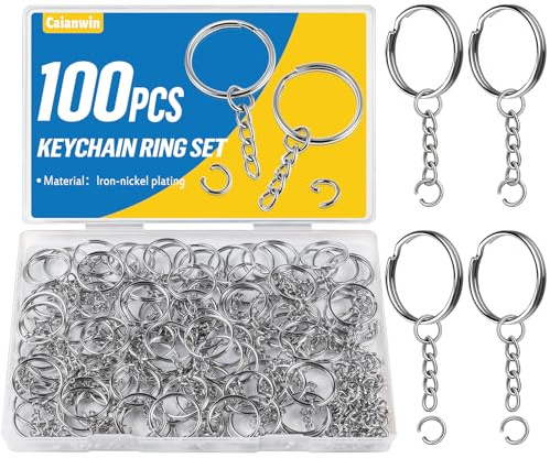 Caianwin 100 Stück 25mm Schlüsselring mit Kette und Spaltring | Silber Keyring Metall Schlüsselring Ringe Paket für Schlüssel Handwerk Diy, Bastelarbeiten, Schmuckherstellung