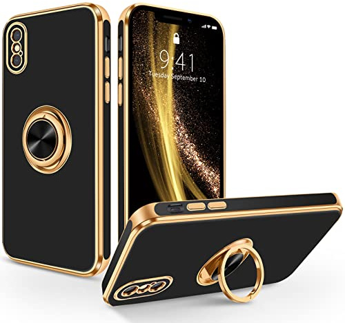 SouliGo iPhone X Hülle, iPhone XS Handyhülle Slim weiche TPU Silikon Case Cover mit 360 Grad Ring Halter Ständer stabil Kratzfest Hülle für iPhone X/iPhone XS 5.8'' Schwarz Gold