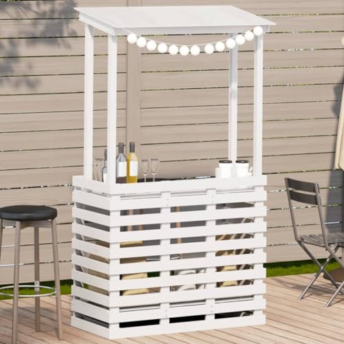IBUQDDV Gartenbar mit Dach Weiß 112,5x57x195,5 cm aus Massivholz Kiefer, Outdoor-Stehtisch mit 2 Ablagen für Terrasse und Garten
