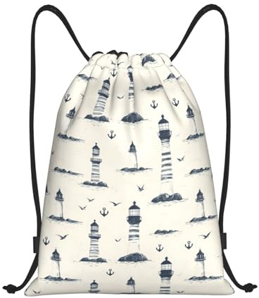 Turnbeutel Vintage Leuchtturm-Ankern-Druck Rucksack Mit Kordelzug Verstellbar Beutel Mit Kordelzug Waterproof Kordelzugbeutel Für Schule Strand Sport