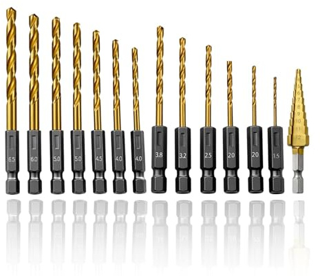 14-tlg Titan Bohrerset, HSS mit 6,35 mm Sechskantschaft, Schnellwechsel Metallbohrer 1,5–6.5 mm, inkl. Stufenbohrer 3–12 mm, Bohrer Set für Metall Holz Kunststoff