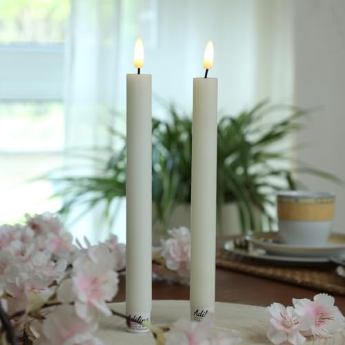 ADILINA LED Stabkerzen Rustik-Optik creme Echtwachskerzen Dinnerkerzen Spitzkerzen mit Timer H: 24cm (2 Stabkerzen 21,5cm)