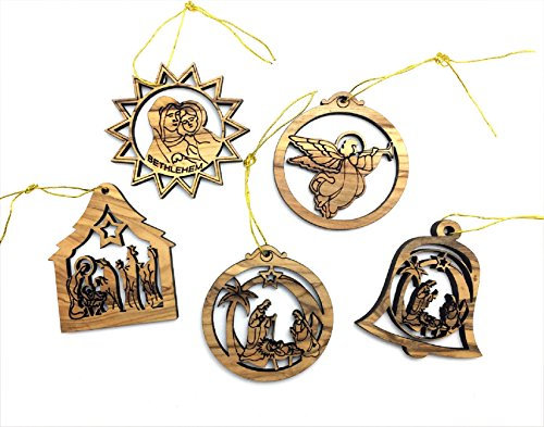 Set of 5 Laser Carved Olive Wood Christmas Tree Ornaments by Bethlehem Gifts TM